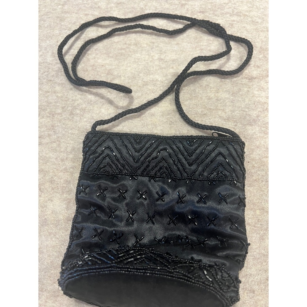 Vintage Unique Mini Micro Shoulder Purse Beaded Black Satin Evening Bag Dainty - Picture 1 of 6